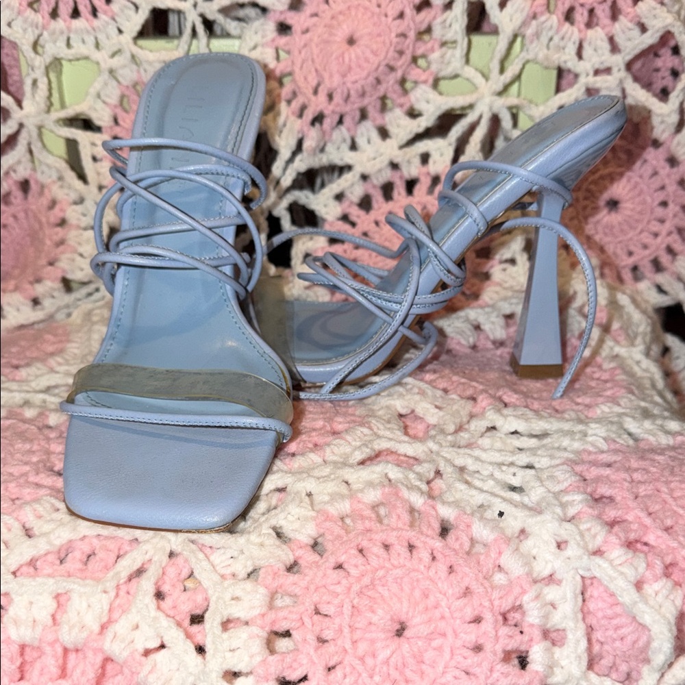 Strappy Square-Toe High Heel Sandals - Light Blue